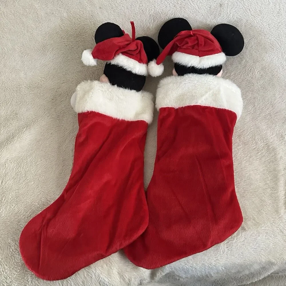 Disney Mickey Minnie Mouse Set Of 2 3D Plush Head Christmas Stocking Snowflakes